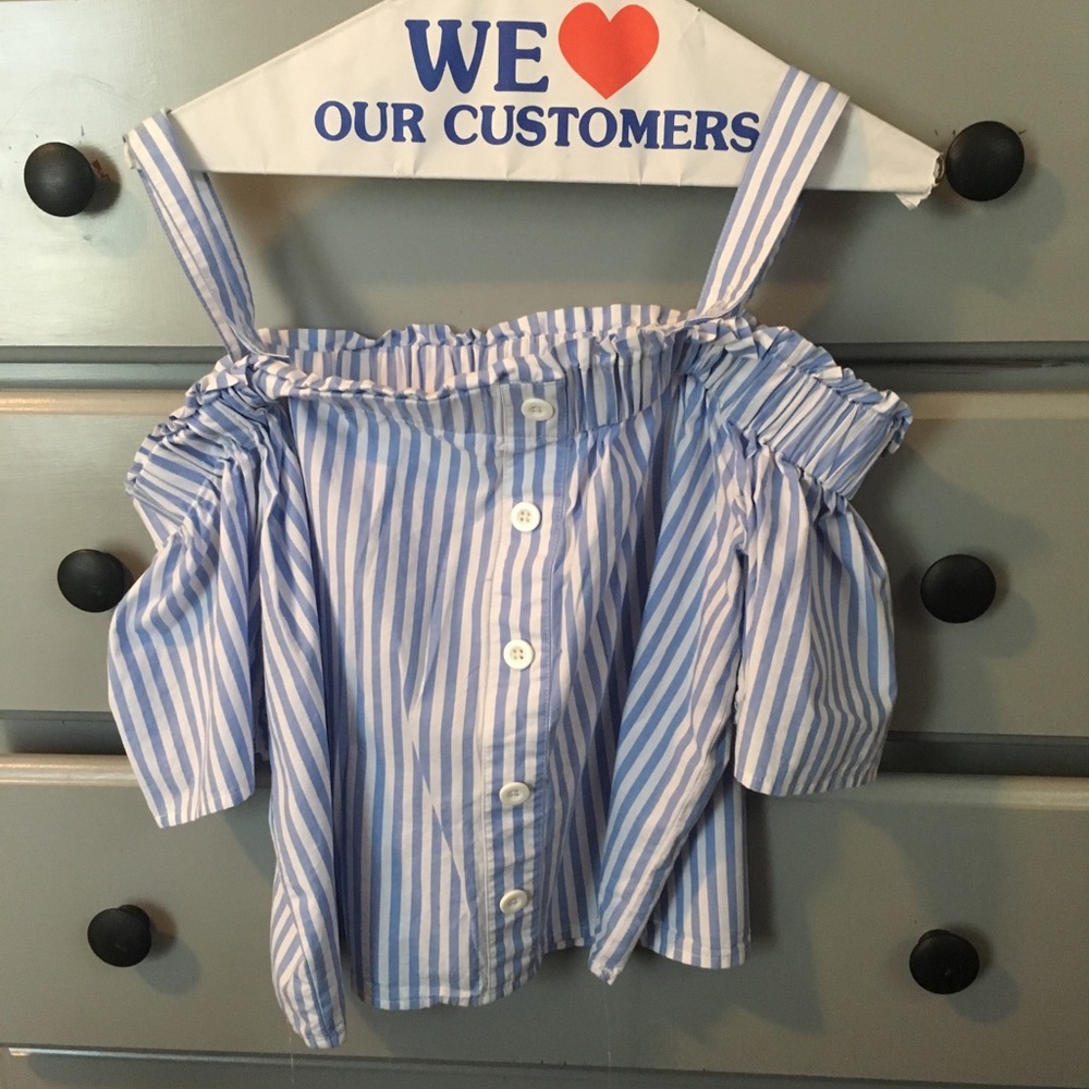 Off the shoulder blue and white crop top